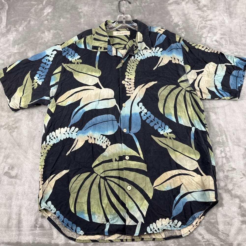 Tommy Bahama Mens L 100% Silk Tropical Leaf Print Short Sleeve Button Up Shirt